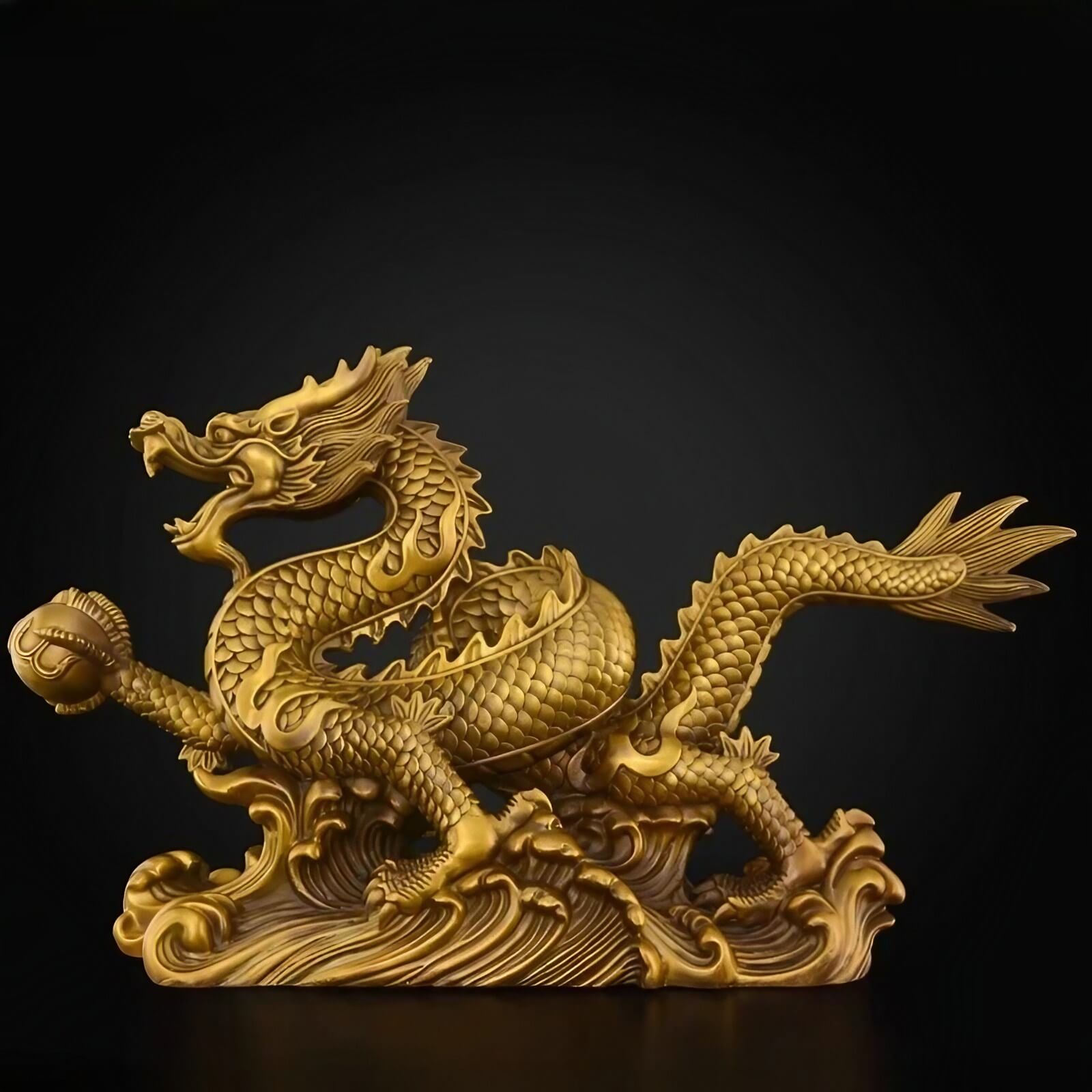 9.6″ Dragon Soaring Across Four Seas Brass Feng Shui Decor for Office Living Room