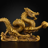 9.6″ Dragon Soaring Across Four Seas Brass Feng Shui Decor for Office Living Room