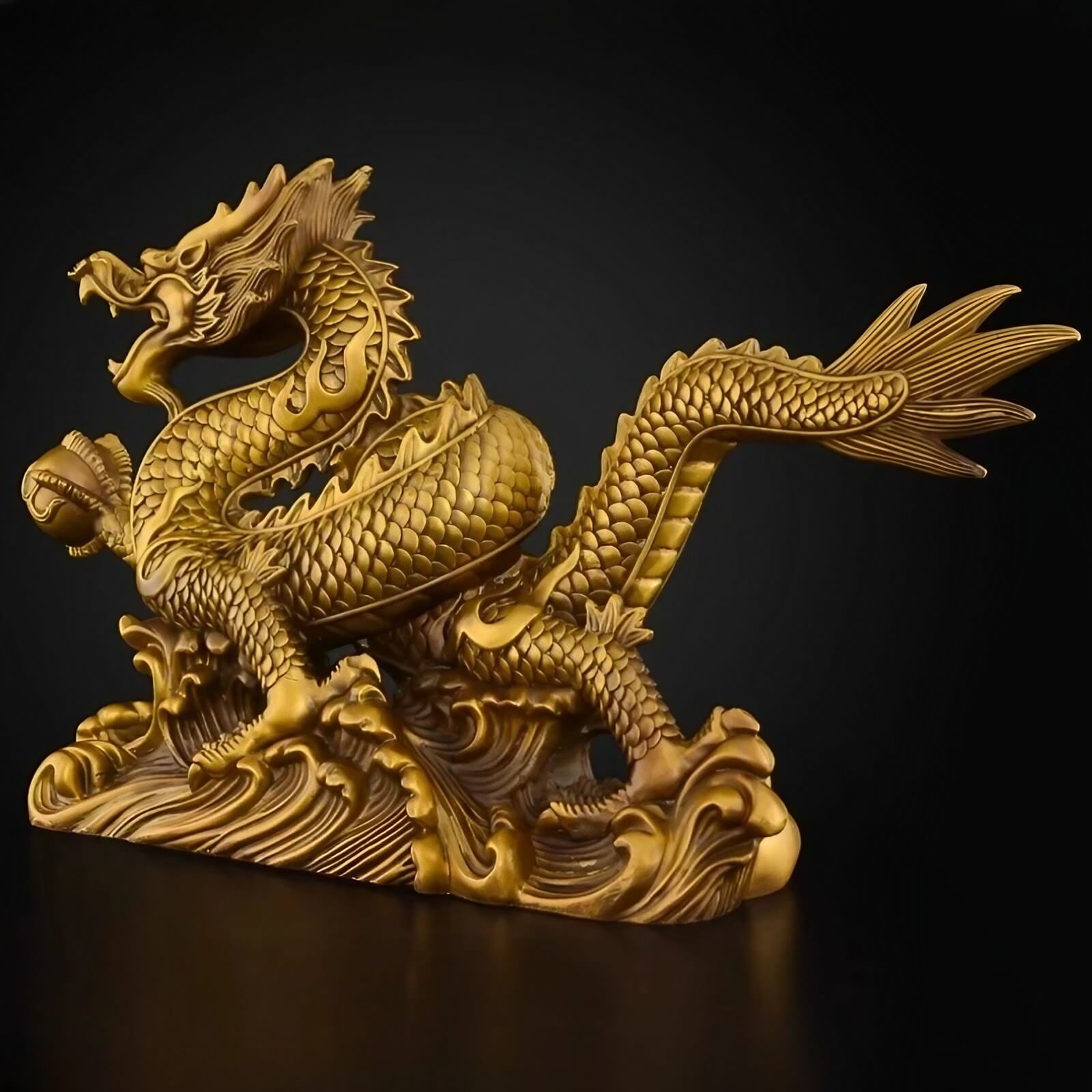 9.6″ Dragon Soaring Across Four Seas Brass Feng Shui Decor for Office Living Room