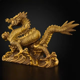 9.6″ Dragon Soaring Across Four Seas Brass Feng Shui Decor for Office Living Room