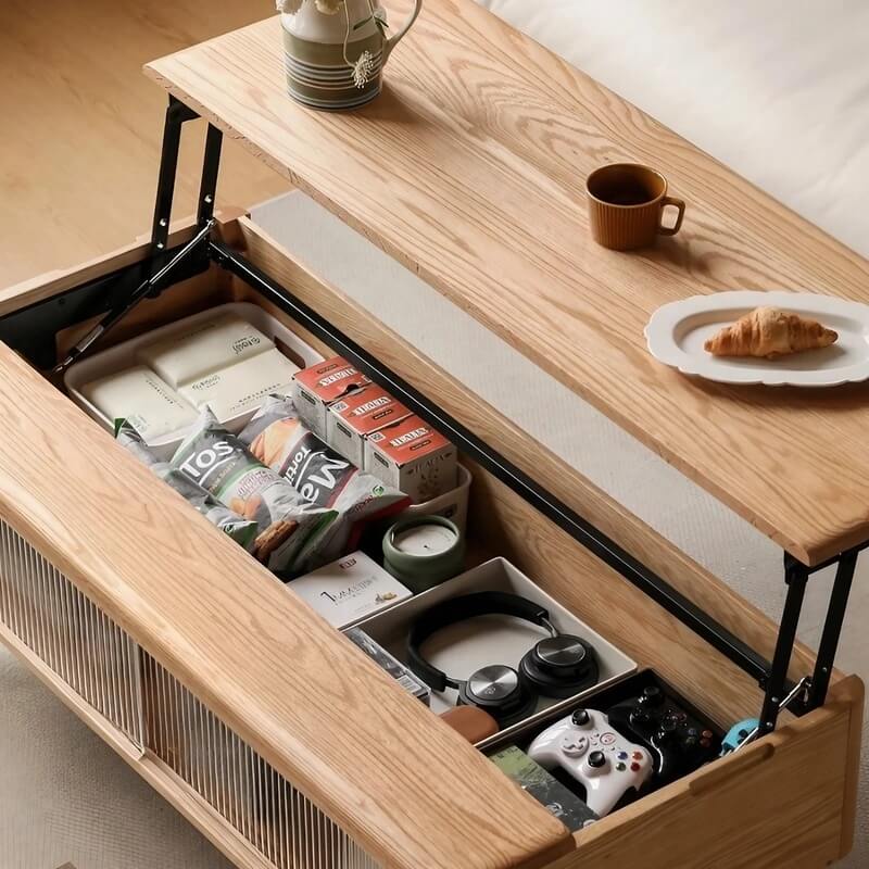 Adjustable Height Desk Solid Wood - White Rectangle Top - LiftTop Storage