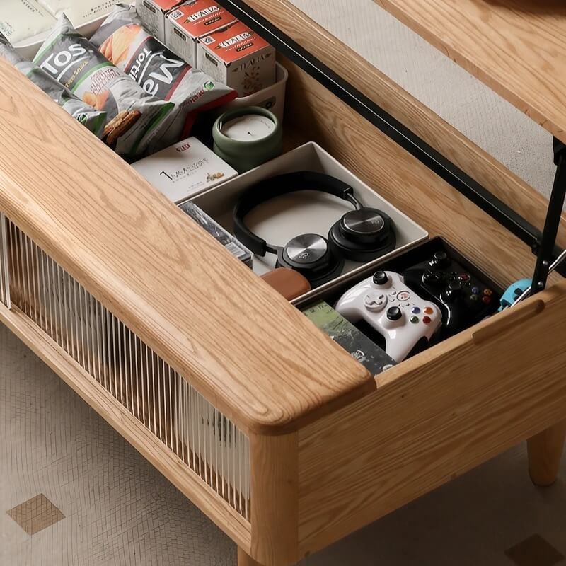 Adjustable Height Desk Solid Wood - White Rectangle Top - LiftTop Storage