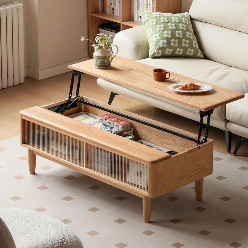 Adjustable Height Desk Solid Wood - White Rectangle Top - LiftTop Storage