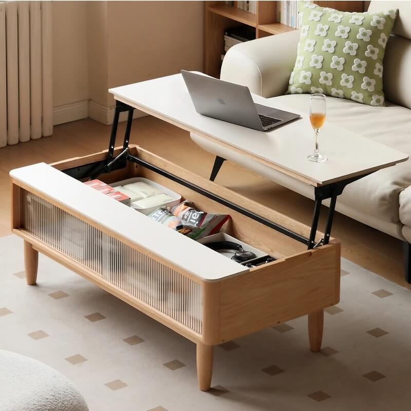 Adjustable Height Desk Solid Wood - White Rectangle Top - LiftTop Storage