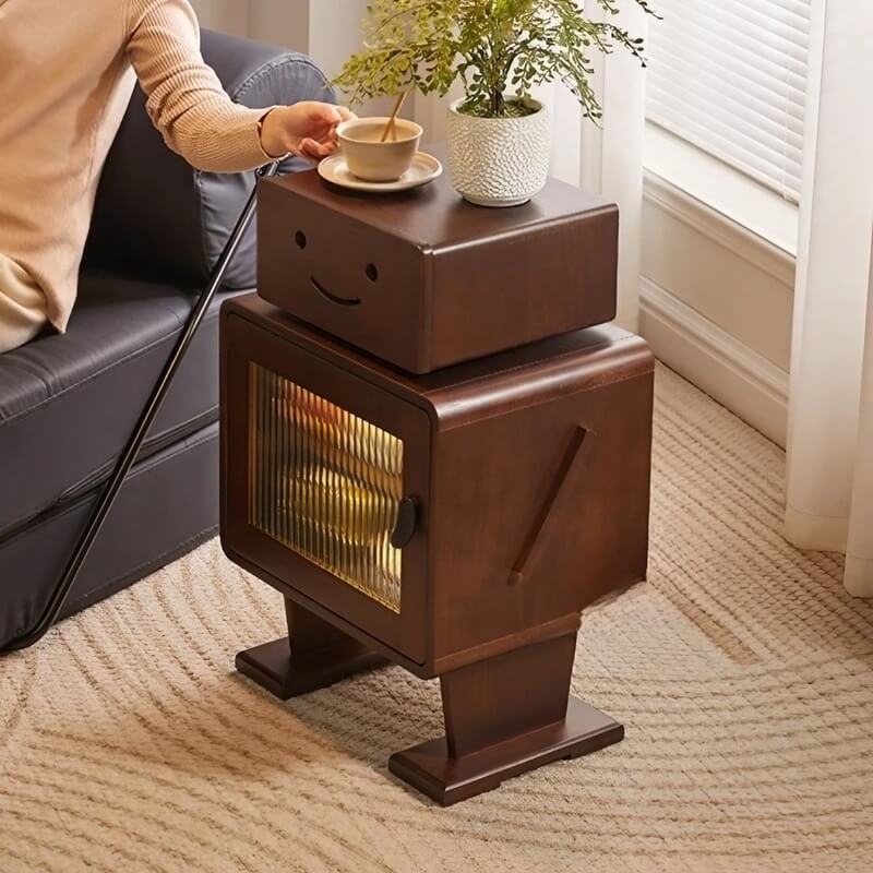 Japanese Style Narrow Bedside Table - Walnut Wood, 2-Tier Shelf, Lighted, Drawers, Shelves, Doors Included