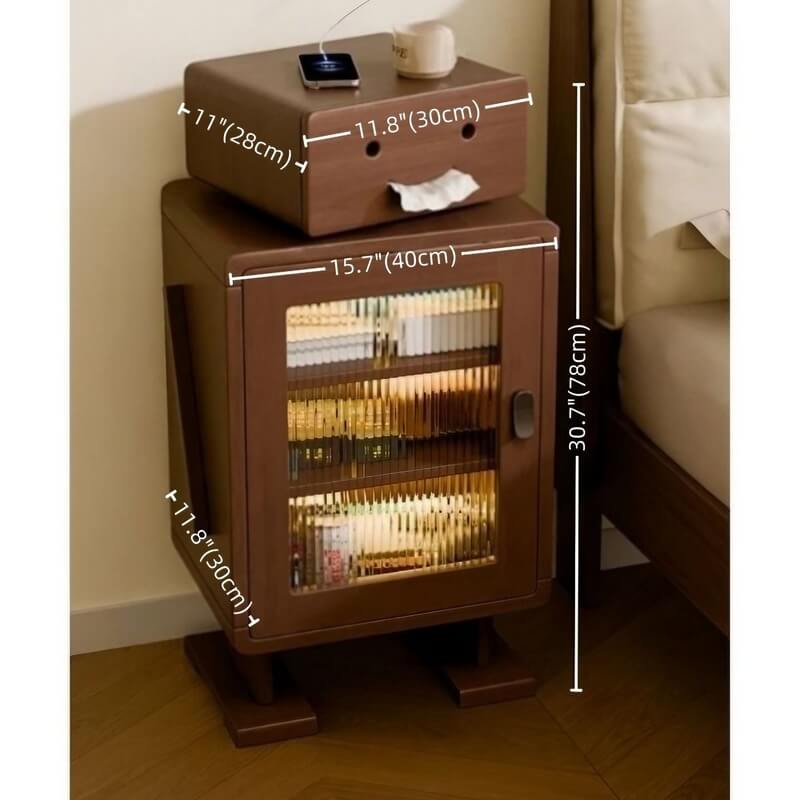 Japanese Style Narrow Bedside Table - Walnut Wood, 2-Tier Shelf, Lighted, Drawers, Shelves, Doors Included