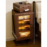 Japanese Style Narrow Bedside Table - Walnut Wood, 2-Tier Shelf, Lighted, Drawers, Shelves, Doors Included