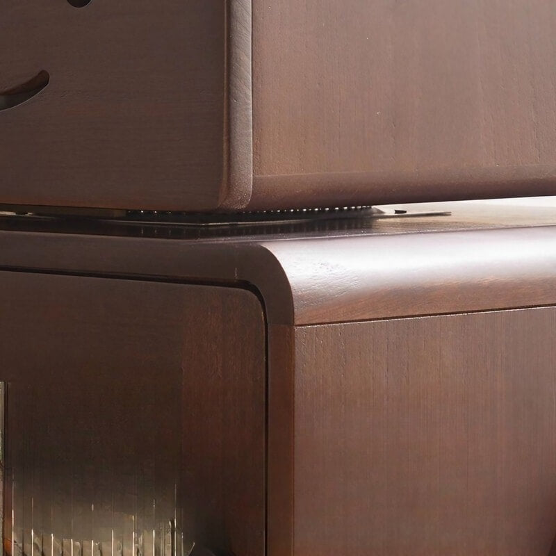 Japanese Style Narrow Bedside Table - Walnut Wood, 2-Tier Shelf, Lighted, Drawers, Shelves, Doors Included