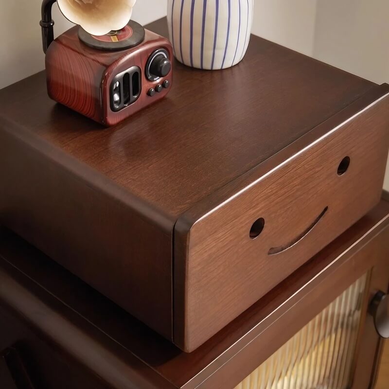 Japanese Style Narrow Bedside Table - Walnut Wood, 2-Tier Shelf, Lighted, Drawers, Shelves, Doors Included
