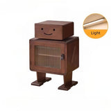 Japanese Style Narrow Bedside Table - Walnut Wood, 2-Tier Shelf, Lighted, Drawers, Shelves, Doors Included