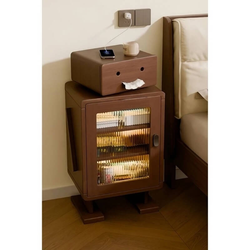 Japanese Style Narrow Bedside Table - Walnut Wood, 2-Tier Shelf, Lighted, Drawers, Shelves, Doors Included
