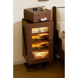 Japanese Style Narrow Bedside Table - Walnut Wood, 2-Tier Shelf, Lighted, Drawers, Shelves, Doors Included