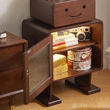 Japanese Style Narrow Bedside Table - Walnut Wood, 2-Tier Shelf, Lighted, Drawers, Shelves, Doors Included