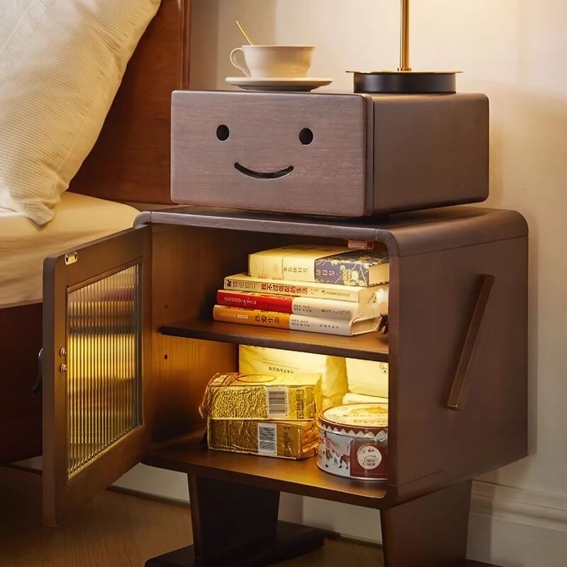 Japanese Style Narrow Bedside Table - Walnut Wood, 2-Tier Shelf, Lighted, Drawers, Shelves, Doors Included