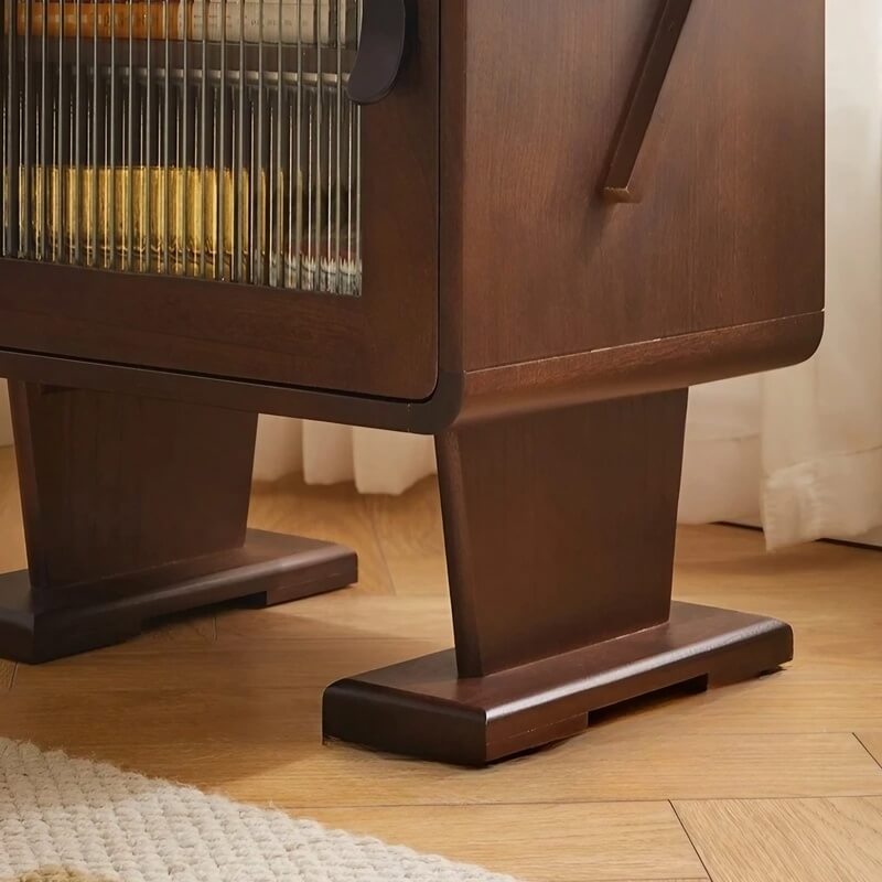 Japanese Style Narrow Bedside Table - Walnut Wood, 2-Tier Shelf, Lighted, Drawers, Shelves, Doors Included
