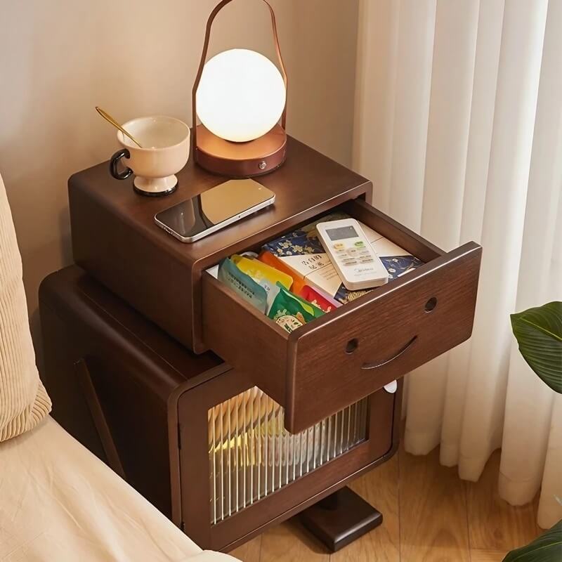 Japanese Style Narrow Bedside Table - Walnut Wood, 2-Tier Shelf, Lighted, Drawers, Shelves, Doors Included