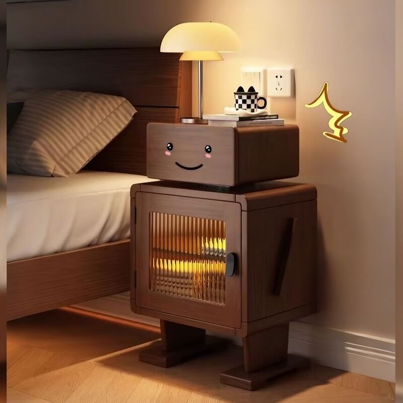 Japanese Style Narrow Bedside Table - Walnut Wood, 2-Tier Shelf, Lighted, Drawers, Shelves, Doors Included