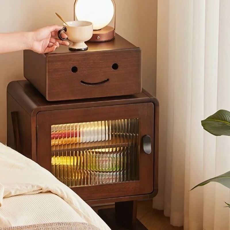 Japanese Style Narrow Bedside Table - Walnut Wood, 2-Tier Shelf, Lighted, Drawers, Shelves, Doors Included