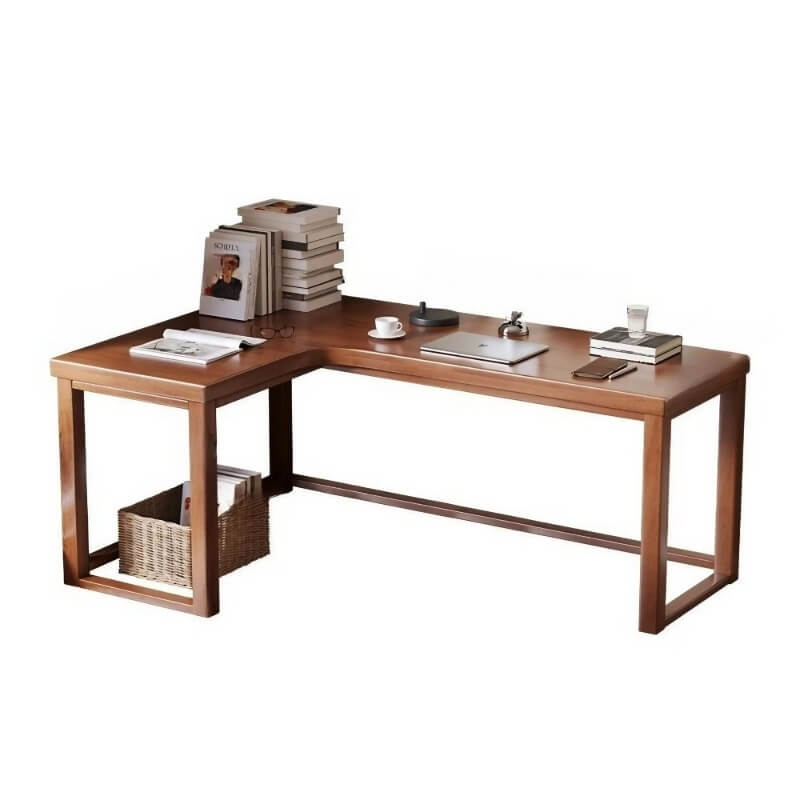 L Shaped Desk - 45″ Nordic Minimalist Style in Walnut with Trestle Wood Base