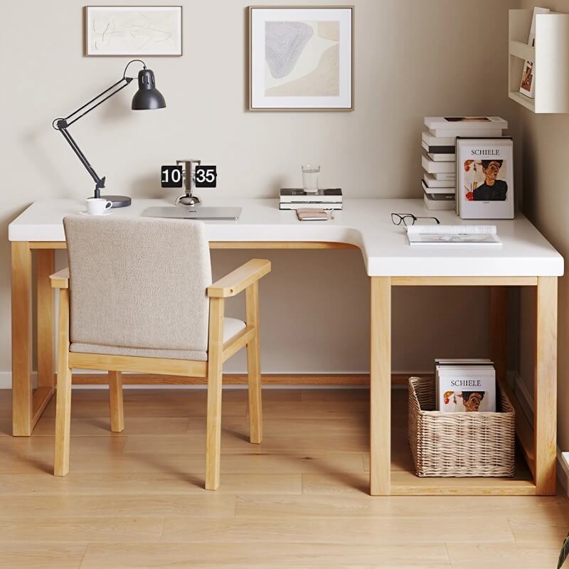 L Shaped Desk - 45″ Nordic Minimalist Style in Walnut with Trestle Wood Base