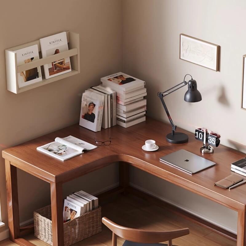 L Shaped Desk - 45″ Nordic Minimalist Style in Walnut with Trestle Wood Base