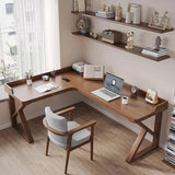 L Shaped Desk  - Nordic Style, Walnut Top, Wood Base, Trestle Type, Minimalist