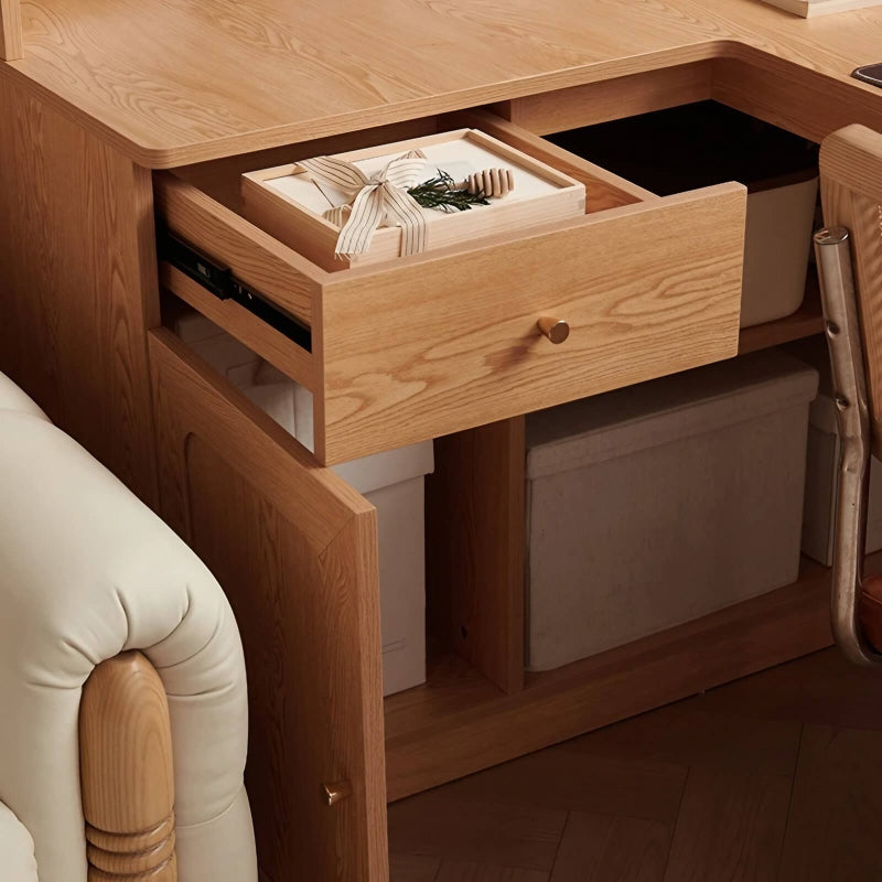 L Shaped Desk 60″ Rustic Style with Storage - Frame Base, Wood Top, Natural Color, Shelves and Drawers