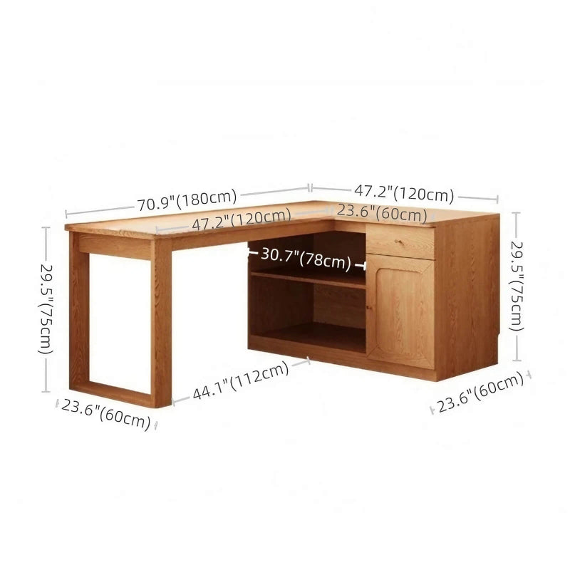 L Shaped Desk 60″ Rustic Style with Storage - Frame Base, Wood Top, Natural Color, Shelves and Drawers