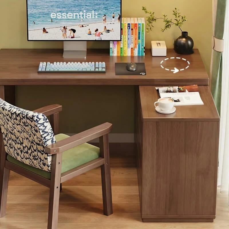 L Shaped Desk 60″ Wood Frame Black Walnut with Storage Drawers Rotating Modern