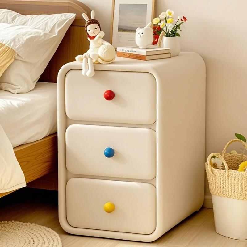 Narrow Off-White Wood Bedside Table - 3 Drawers, Scandinavian Style