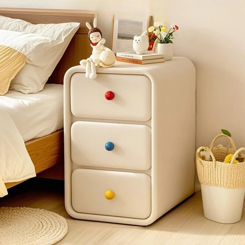 Narrow Off-White Wood Bedside Table - 3 Drawers, Scandinavian Style