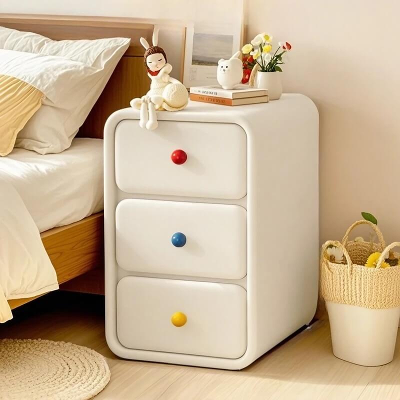 Narrow Off-White Wood Bedside Table - 3 Drawers, Scandinavian Style