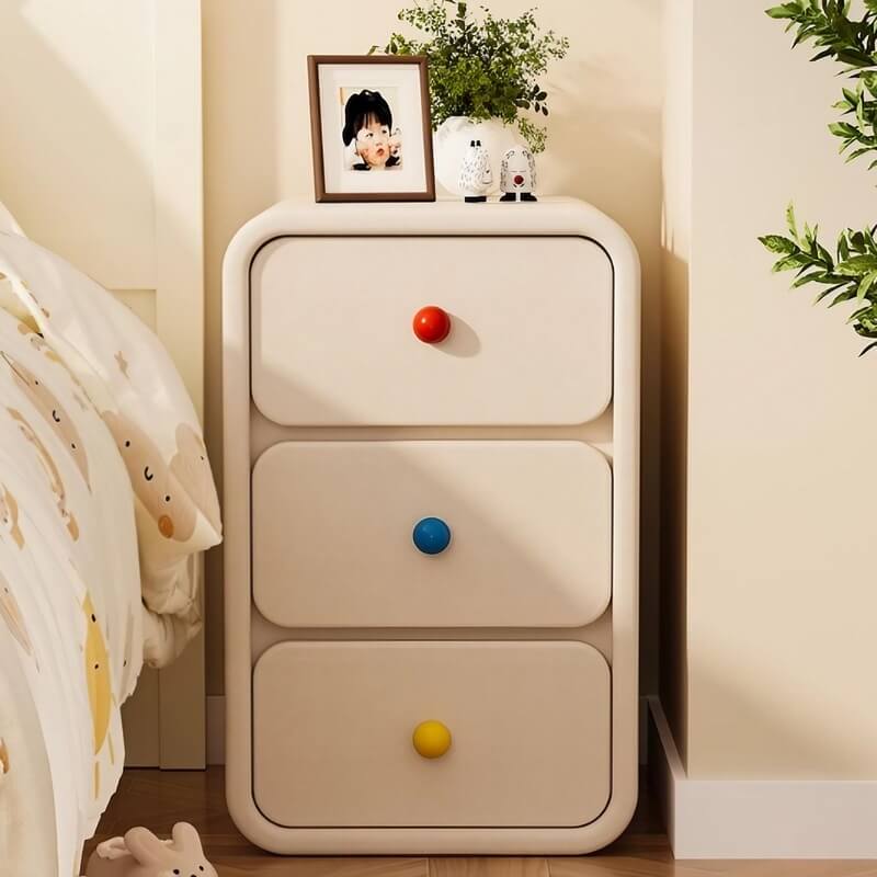 Narrow Off-White Wood Bedside Table - 3 Drawers, Scandinavian Style
