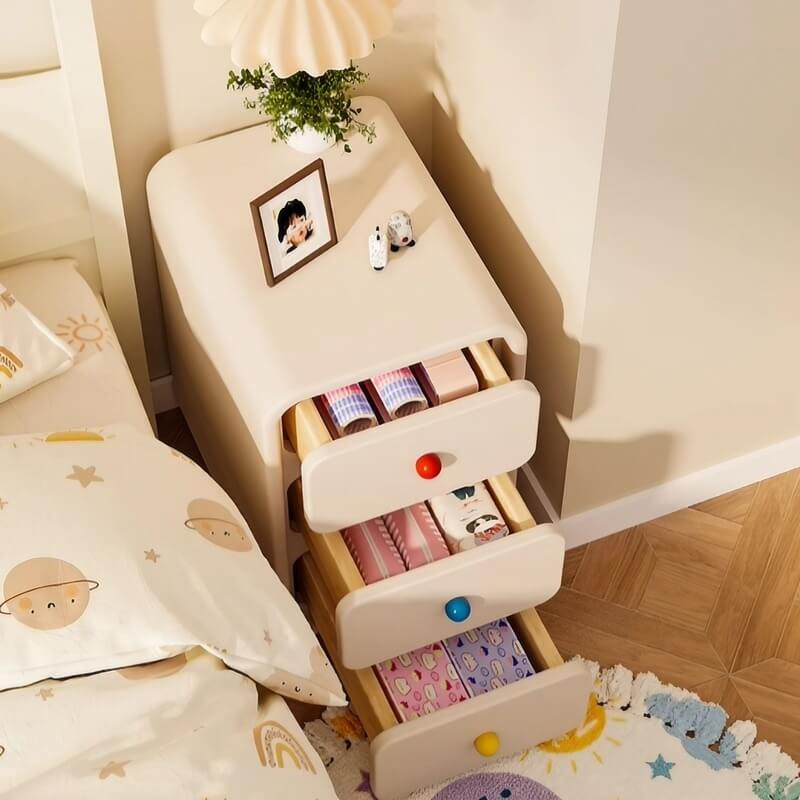 Narrow Off-White Wood Bedside Table - 3 Drawers, Scandinavian Style