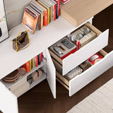 Natural Wood 48″ L Shaped Desk - Modern Style with Storage, Rotating Shelves, Drawers & Wood Frame