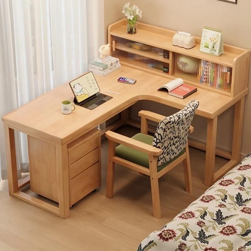 Nordic Style L-Shaped Desk 60″ - White+Natural Wood, Wood Trestle Base, with Storage and Shelves