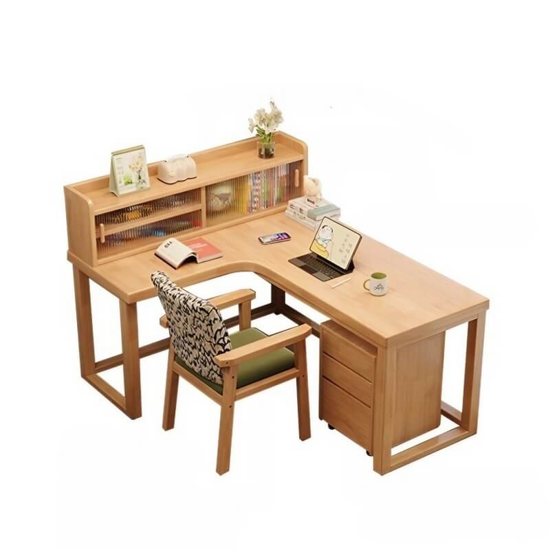 Nordic Style L-Shaped Desk 60″ - White+Natural Wood, Wood Trestle Base, with Storage and Shelves