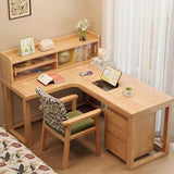 Nordic Style L-Shaped Desk 60″ - White+Natural Wood, Wood Trestle Base, with Storage and Shelves