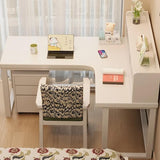 Nordic Style L-Shaped Desk 60″ - White+Natural Wood, Wood Trestle Base, with Storage and Shelves