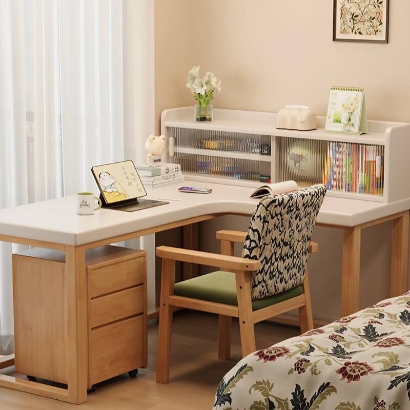 Nordic Style L-Shaped Desk 60″ - White+Natural Wood, Wood Trestle Base, with Storage and Shelves