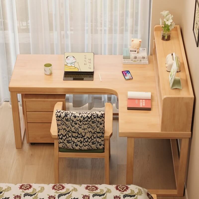 Nordic Style L-Shaped Desk 60″ - White+Natural Wood, Wood Trestle Base, with Storage and Shelves