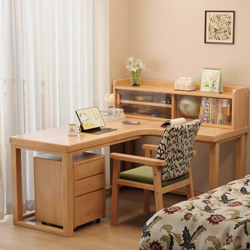 Nordic Style L-Shaped Desk 60″ - White+Natural Wood, Wood Trestle Base, with Storage and Shelves