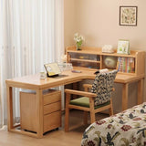 Nordic Style L-Shaped Desk 60″ - White+Natural Wood, Wood Trestle Base, with Storage and Shelves