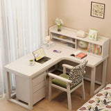 Nordic Style L-Shaped Desk 60″ - White+Natural Wood, Wood Trestle Base, with Storage and Shelves