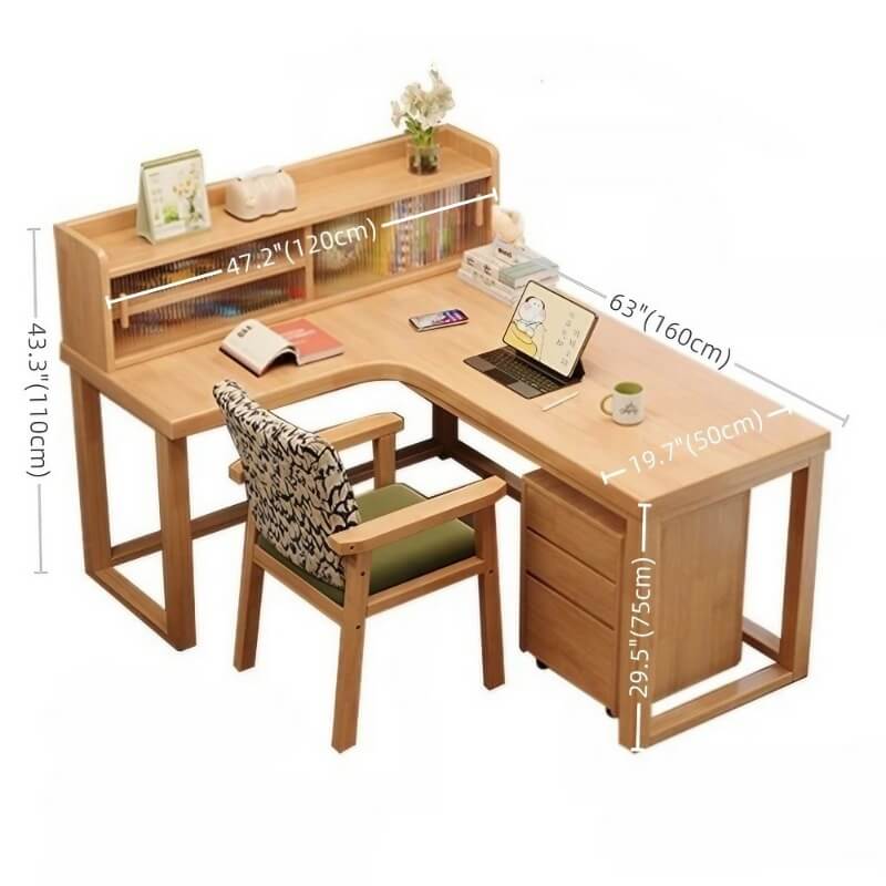 Nordic Style L-Shaped Desk 60″ - White+Natural Wood, Wood Trestle Base, with Storage and Shelves