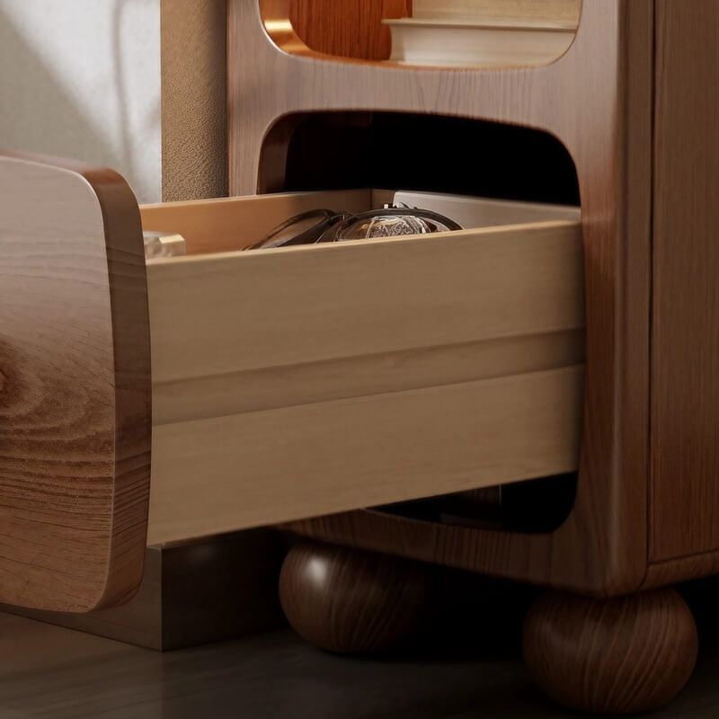 Rubberwood Narrow Bedside Table with Drawers and Shelves - Walnut, Scandinavian-style