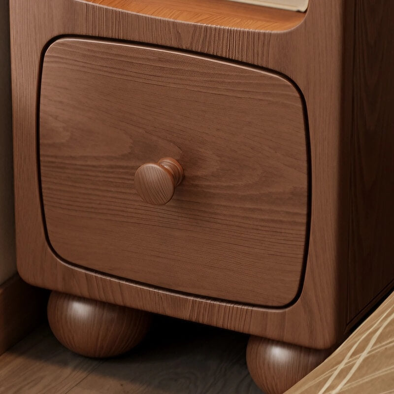 Rubberwood Narrow Bedside Table with Drawers and Shelves - Walnut, Scandinavian-style