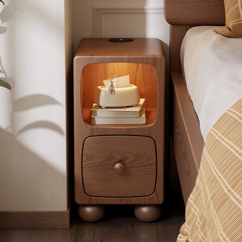 Rubberwood Narrow Bedside Table with Drawers and Shelves - Walnut, Scandinavian-style