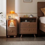Rubberwood Narrow Bedside Table with Drawers and Shelves - Walnut, Scandinavian-style