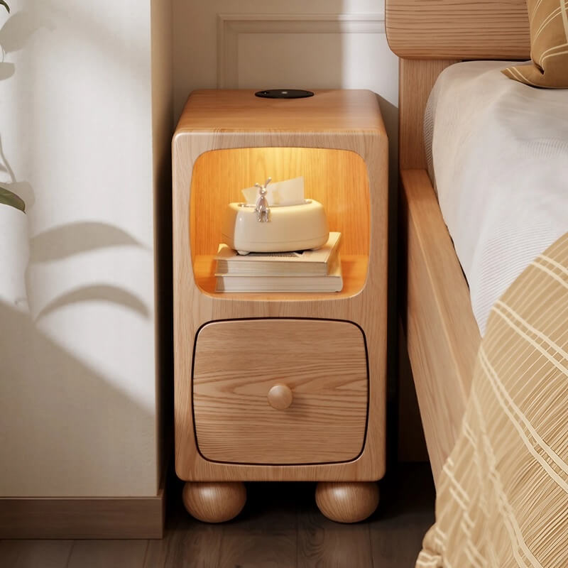 Rubberwood Narrow Bedside Table with Drawers and Shelves - Walnut, Scandinavian-style